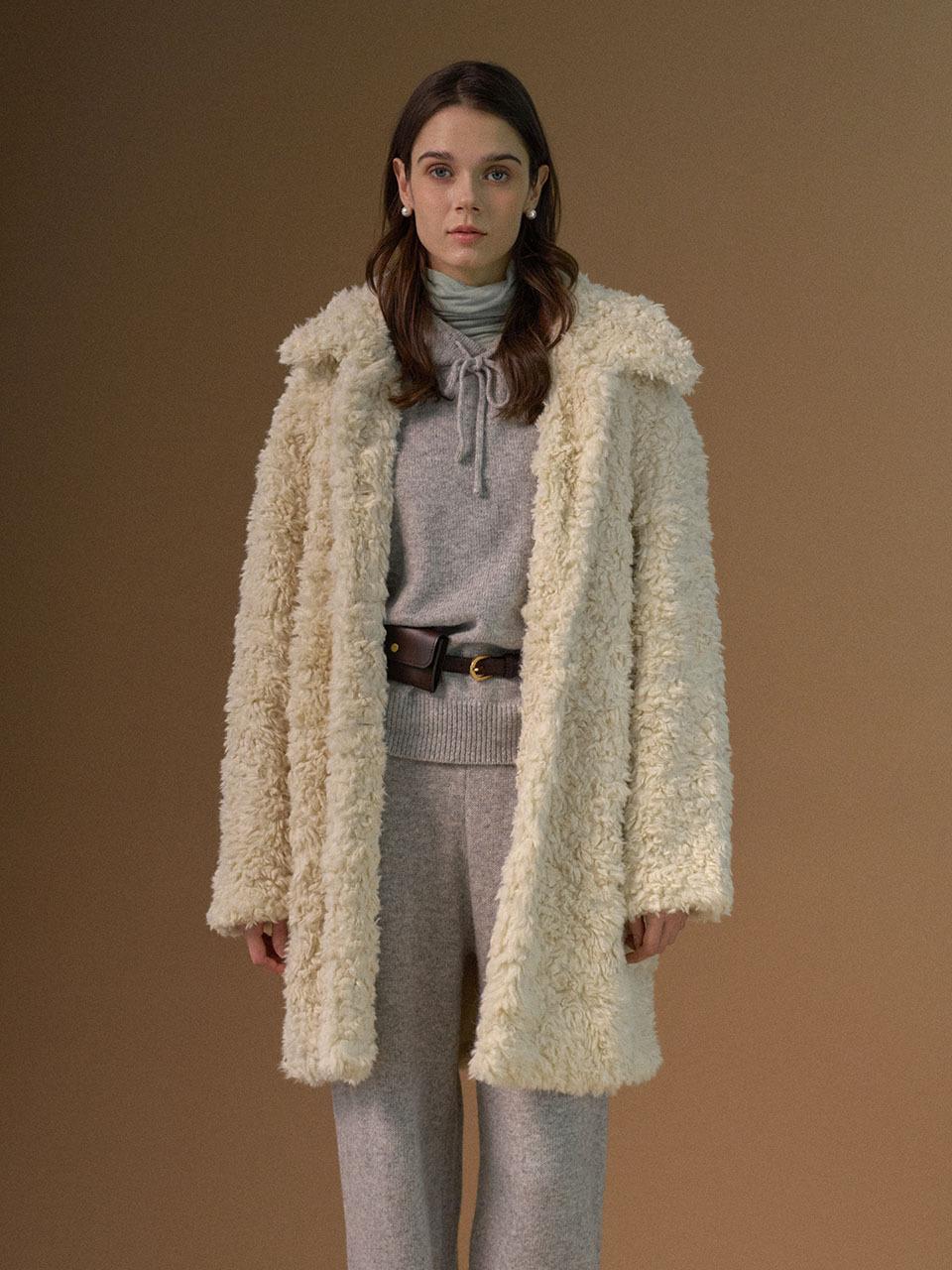 ourmur Sheepskin Texture Long Relaxed Coat [Ivory]