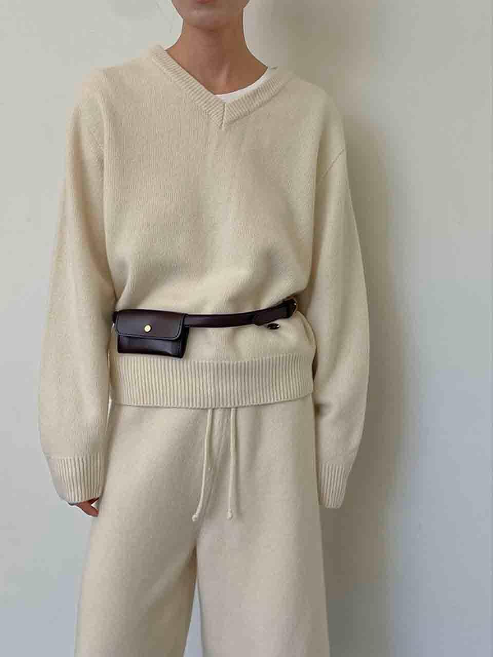 ourmur Whole Garment Wool V-neck Knitwear [Beige]