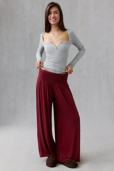 Out From Under Out From Under Angel Kiss Jersey Knit Foldover Wide Leg Pants in Maroon, Women's at Urban Outfitters