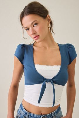 Out From Under Out From Under Bec Game Day Short Sleeve Tie-Front Shrug Top in Slate, Women's at Urban Outfitters