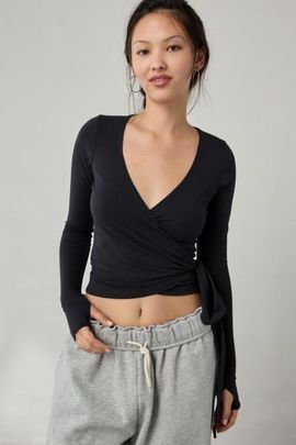 Out From Under Out From Under Bec Long Sleeve Ballet Wrap Top in White/Black Polka Dot, Women's at Urban Outfitters