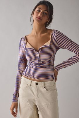 Out From Under Out From Under Betty Boatneck Long Sleeve Henley Top in Navy/Peach, Women's at Urban Outfitters