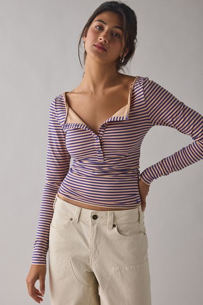 Out From Under Out From Under Betty Boatneck Long Sleeve Henley Top in Navy/Peach, Women's at Urban Outfitters
