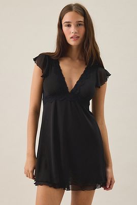 Out From Under Out From Under Cecelia Mesh Ruffle Flutter Sleeve Sleep Dress in Black, Women's at Urban Outfitters