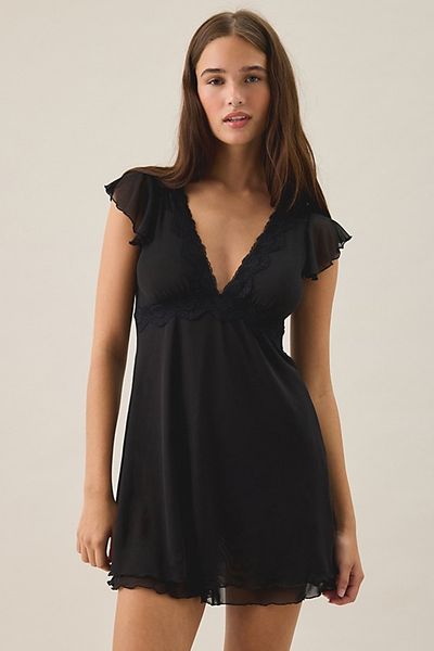 Out From Under Out From Under Cecelia Mesh Ruffle Flutter Sleeve Sleep Dress in Black, Women's at Urban Outfitters