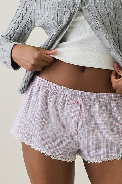 Out From Under Out From Under Checked Out Lace Trim Cotton Boxer Micro Shorts in Pink Check, Women's at Urban Outfitters