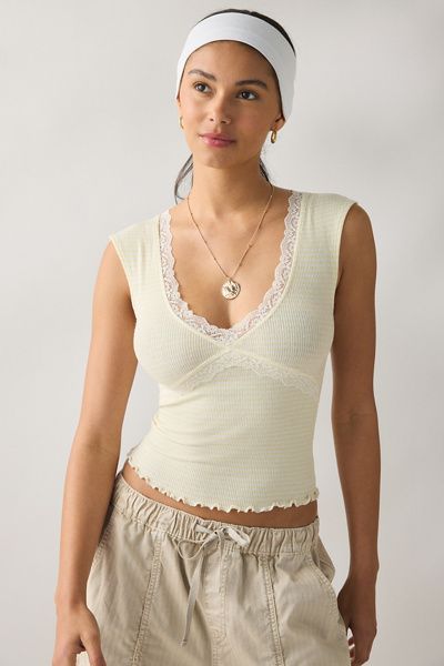 Out From Under Out From Under Diana Plunging Lace Trim Cap Sleeve Top in Yellow, Women's at Urban Outfitters