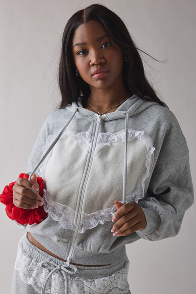 Out From Under - Love Is Bliss Lace Trim Cropped Zip-Up Hoodie in