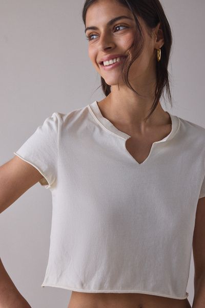 Out From Under Out From Under No Plans Notch V-Neck Cropped Tee Top in Ivory, Women's at Urban Outfitters