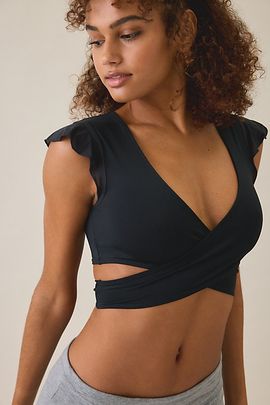 Out From Under Out From Under Pirouette Flutter Sleeve Wrap Top in Black, Women's at Urban Outfitters