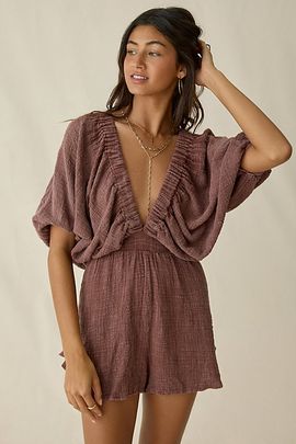 Out From Under Out From Under Sandy Beach Plunging Short Sleeve Romper in Assorted, Women's at Urban Outfitters