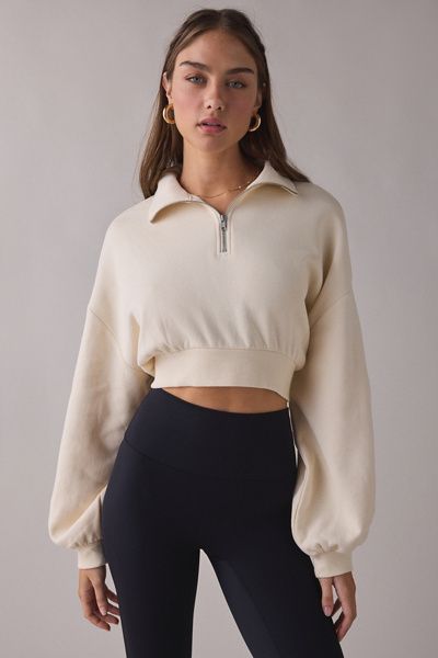 Out From Under Out From Under Take It Easy Cropped Quarter Zip Pullover Top in Ivory, Women's at Urban Outfitters