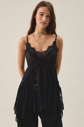 Out From Under Out From Under Waterfall Asymmetric Tiered Ruffle Lace Slip in Black, Women's at Urban Outfitters
