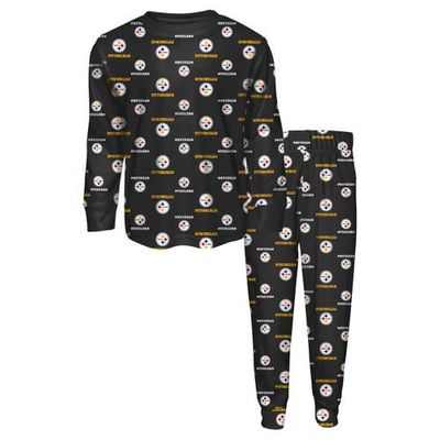Outerstuff Preschool Outerstuff Black Pittsburgh Steelers All-Over-Print Long Sleeve T-Shirt and Pants Sleep Set 