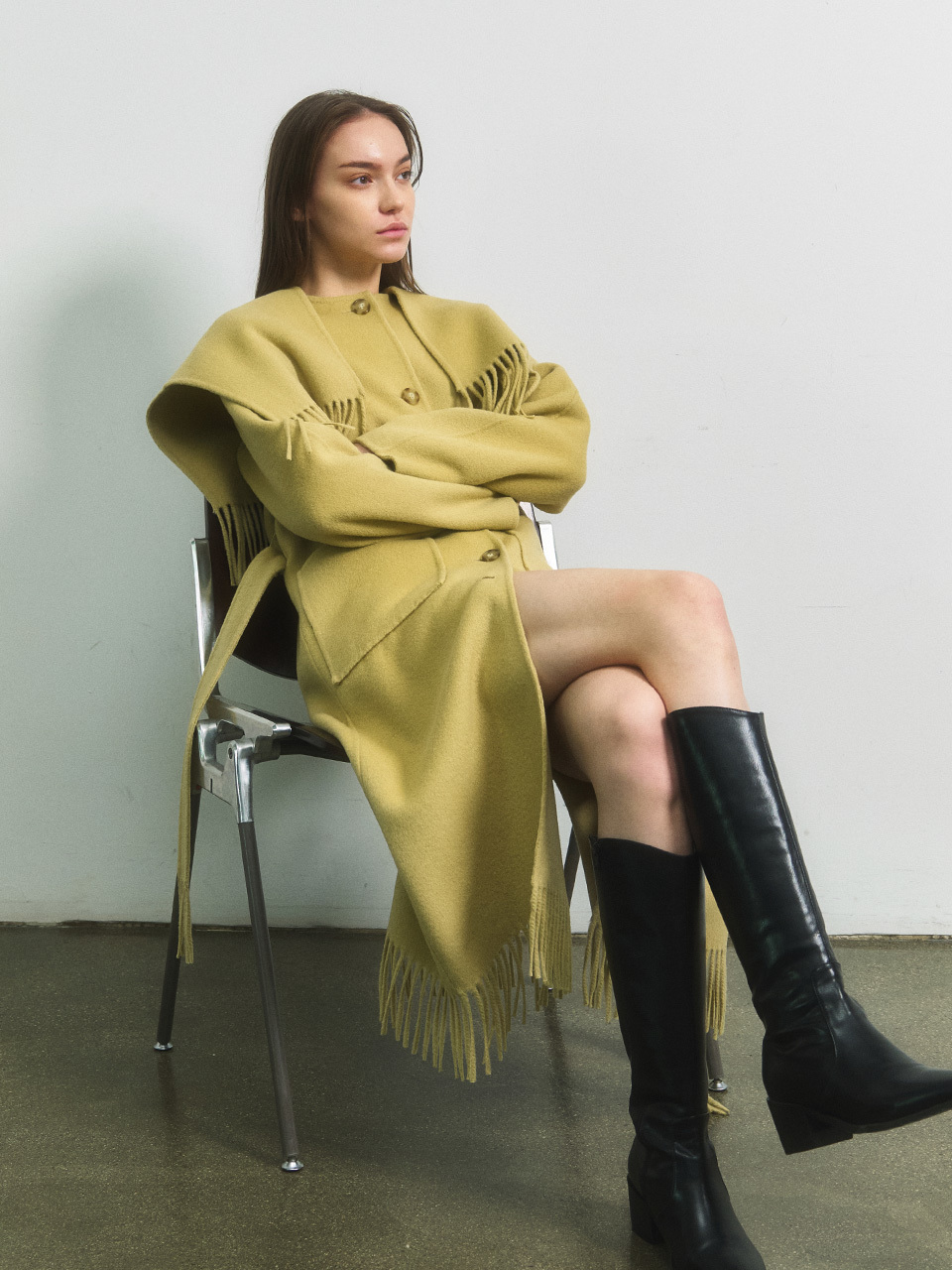 OUTSHELL Fringed Hand-made Wool Coat_Yellow