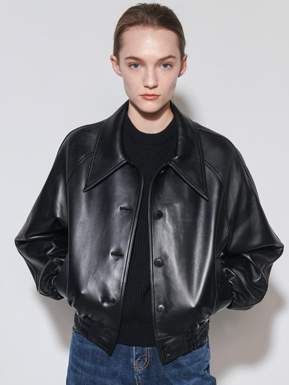 OUTSHELL Leather Wide Collar Quilted Blouson Jacket [Black]