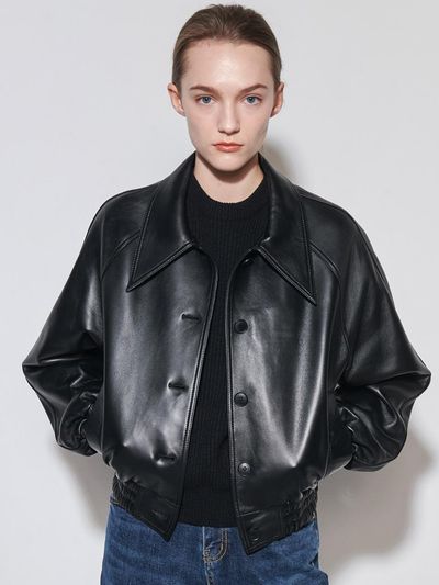 OUTSHELL Leather Wide Collar Quilted Blouson Jacket [Black]