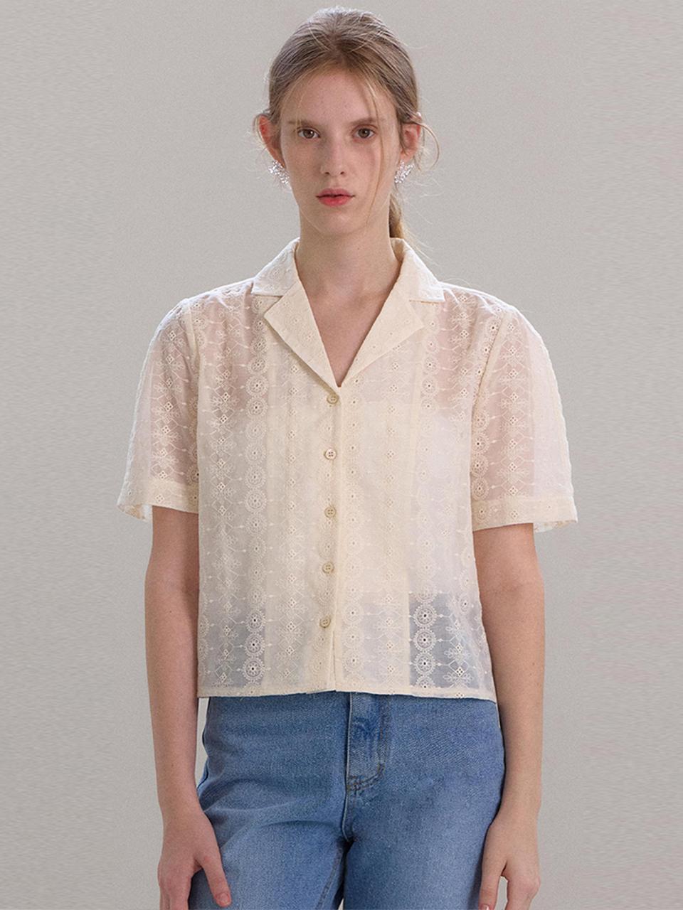 OVEOF Floral Lace Cotton Blend Shirt [Beige]