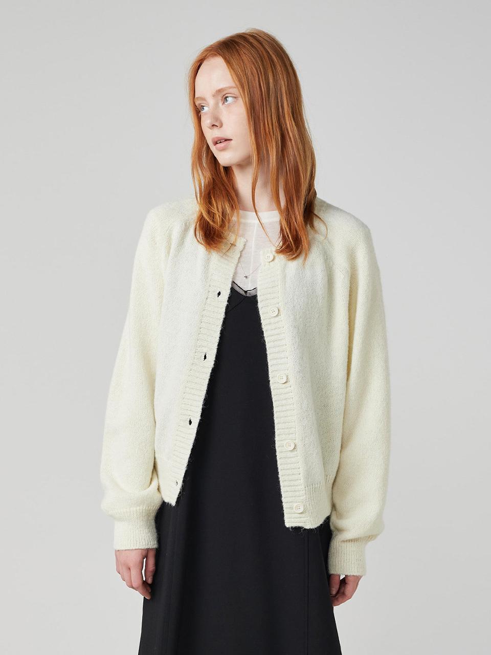 OVEOF Round Neck Wool Blend Cardigan [Beige]