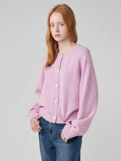 OVEOF Round Neck Wool Blend Cardigan [Pink]