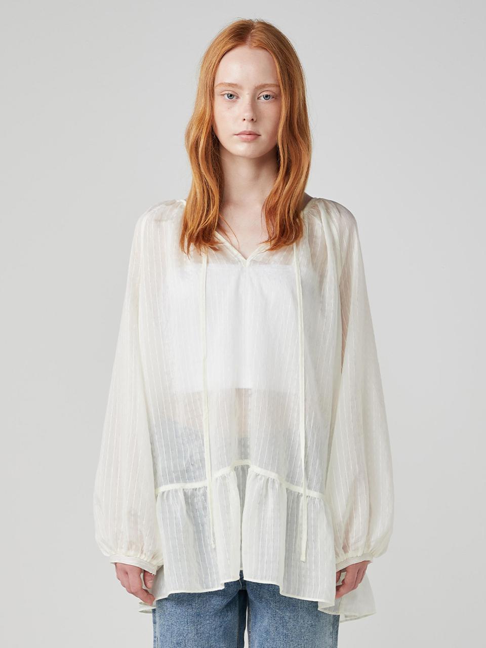 OVEOF Ruffle Shirred Tencel Top [Beige]