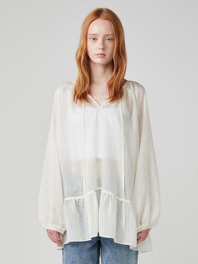 OVEOF Ruffle Shirred Tencel Top [Beige]