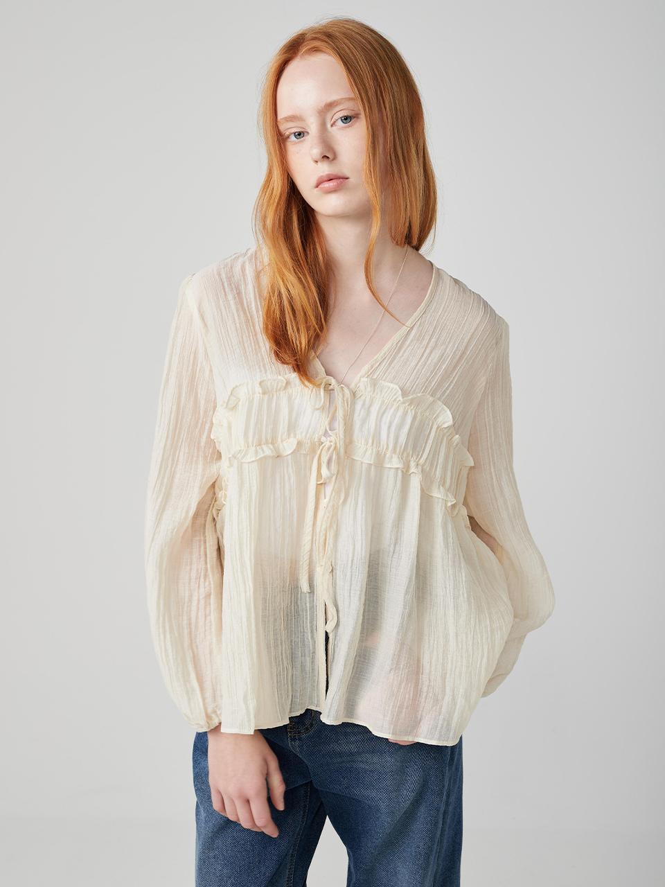 OVEOF Shirring See-through A-line Blouse [Beige]