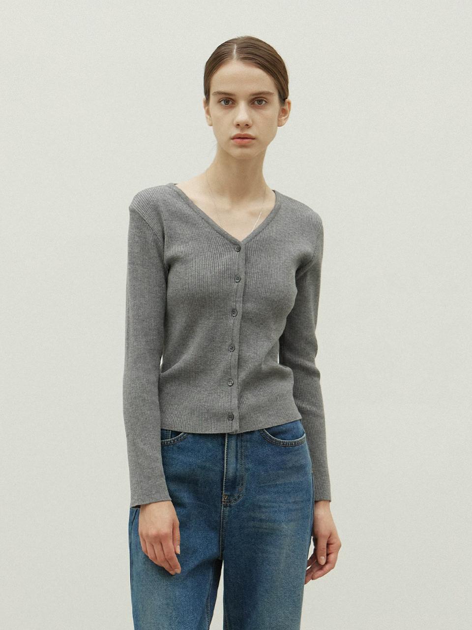 OVEOF Slim V-neck Hip-length Cardigan [Gray]