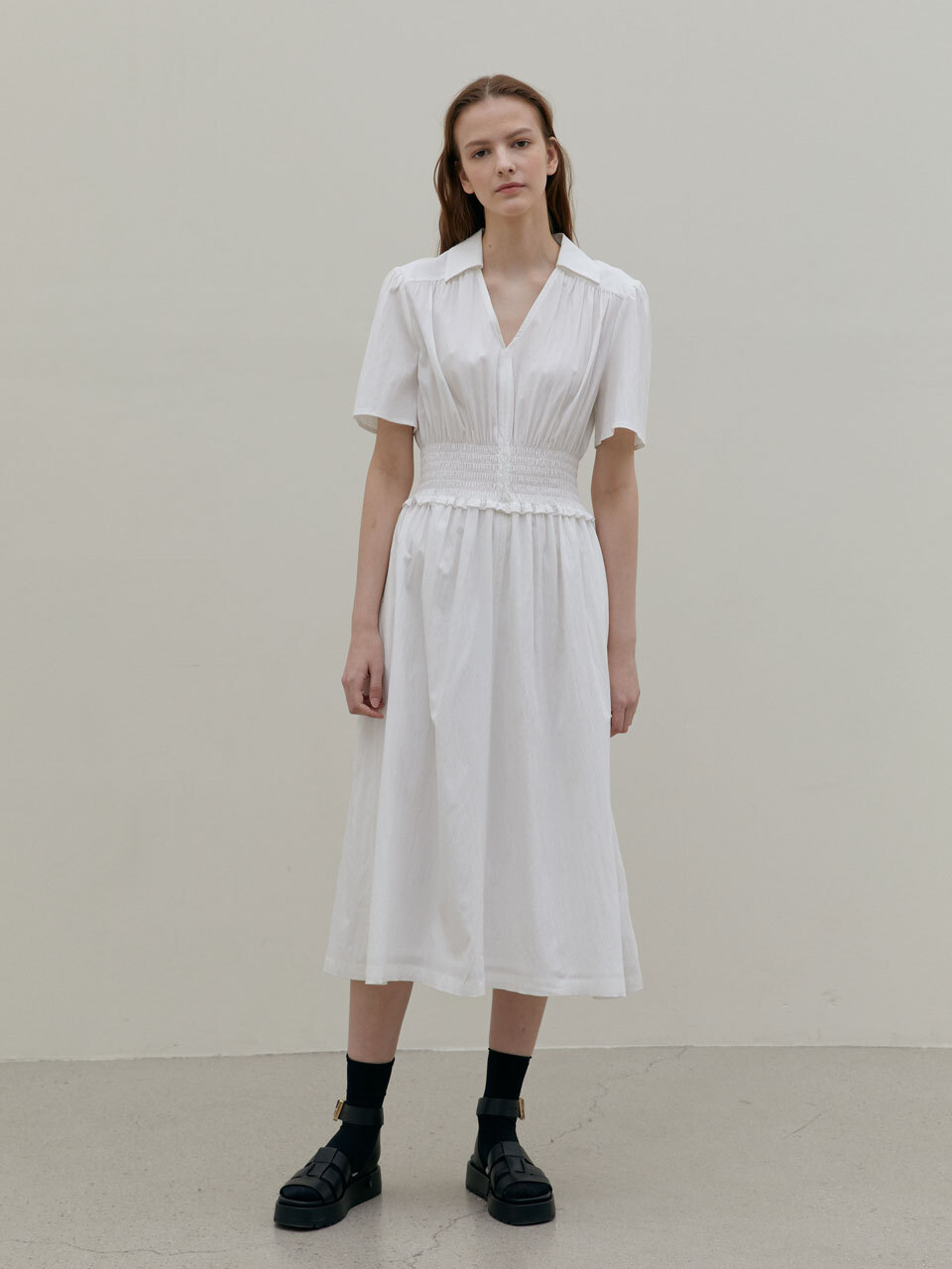 OVEOF Smoked Shirt Midi Dress (White)