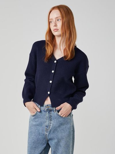 OVEOF V-neck Hip-length Daily Cardigan [Navy]