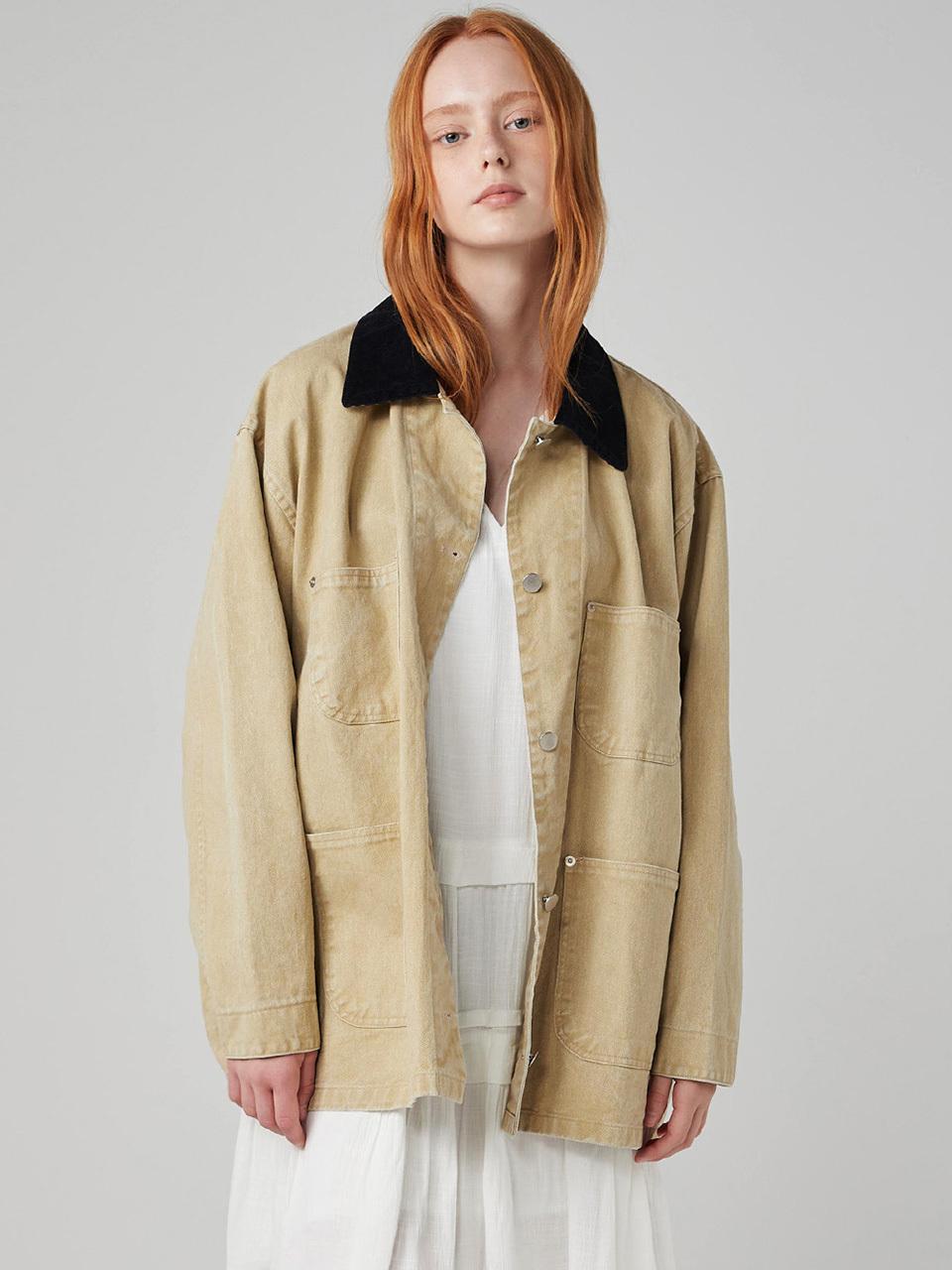 OVEOF Washed Cotton Corduroy Collar Work Jacket [Beige]