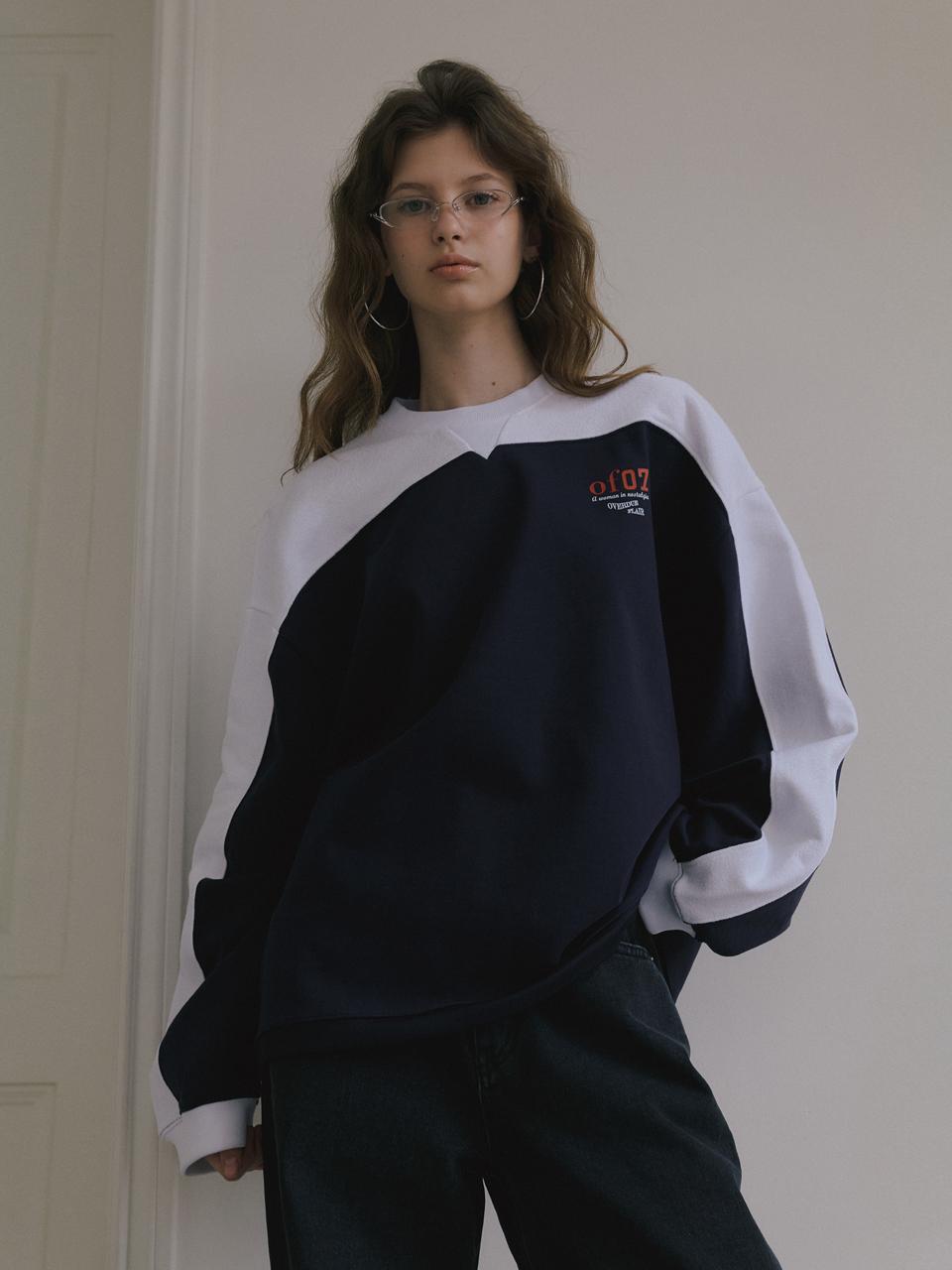 overdueflair Color Block Lettered Cotton Sweatshirt [Navy] (OF07)