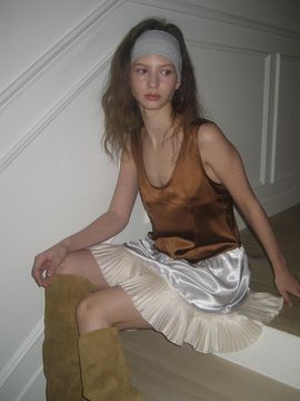 overdueflair Color Block Shirring U-neck Dress [Brown/Silver]