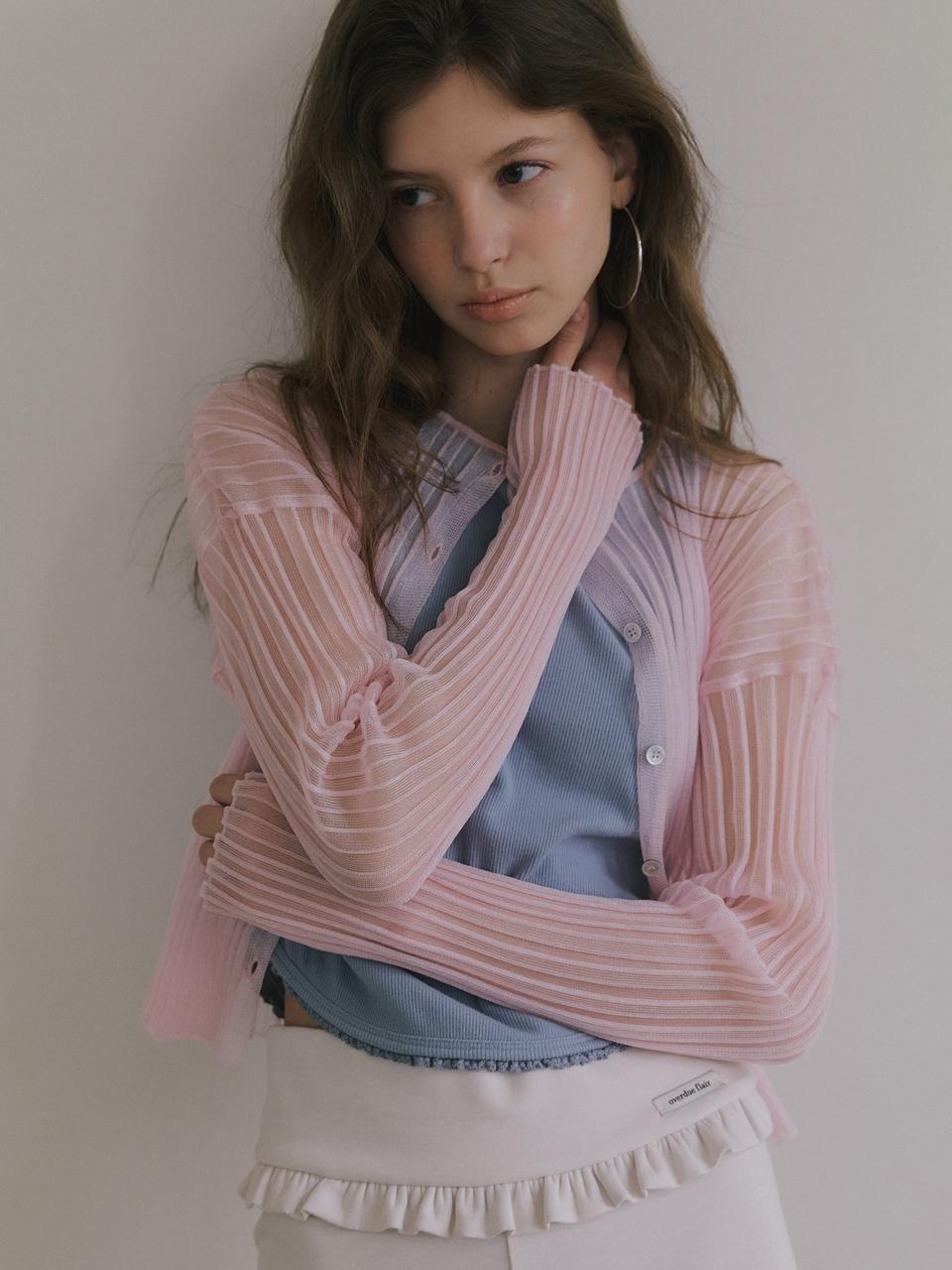 overdueflair Sheer Glossy Ribbed Cardigan [Pink]