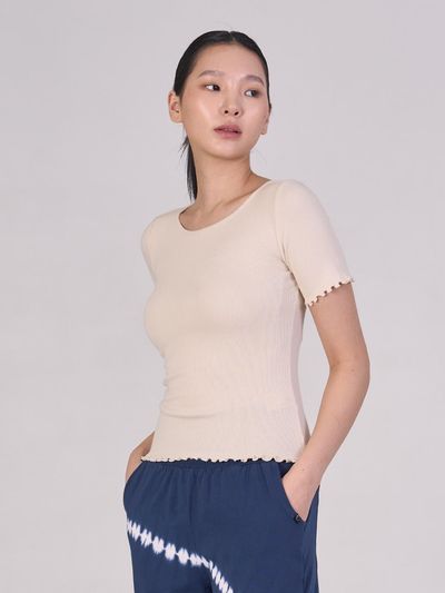 ozez Edge Frill Short Sleeve Cotton Modal Blouse [Cream Beige] (OZTS1166)