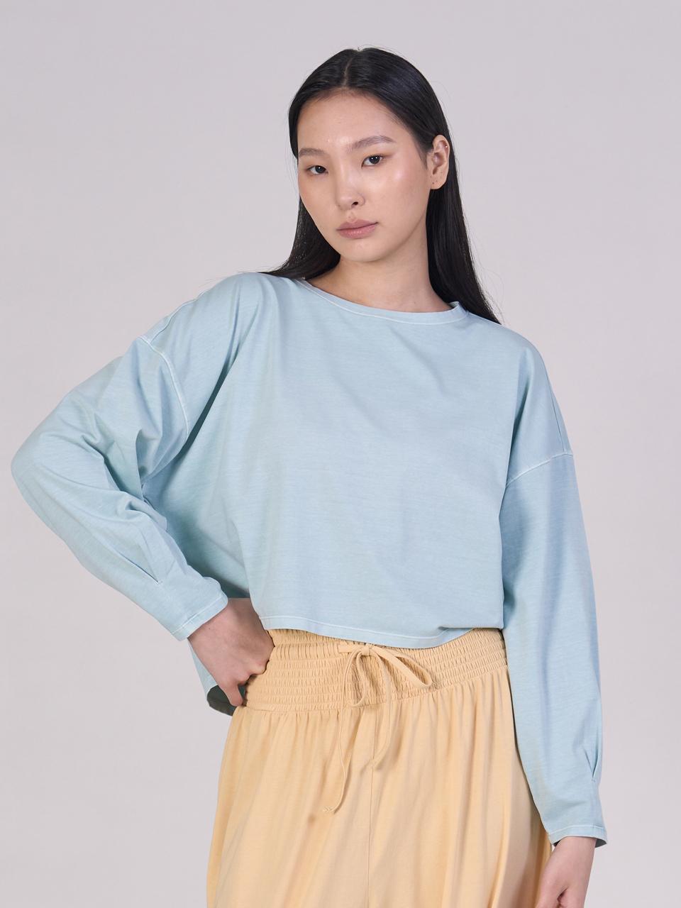 ozez Pin-tuck Long Sleeve Cotton T-shirt [Sky Green] (OZS1158)