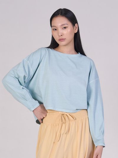 ozez Pin-tuck Long Sleeve Cotton T-shirt [Sky Green] (OZS1158)