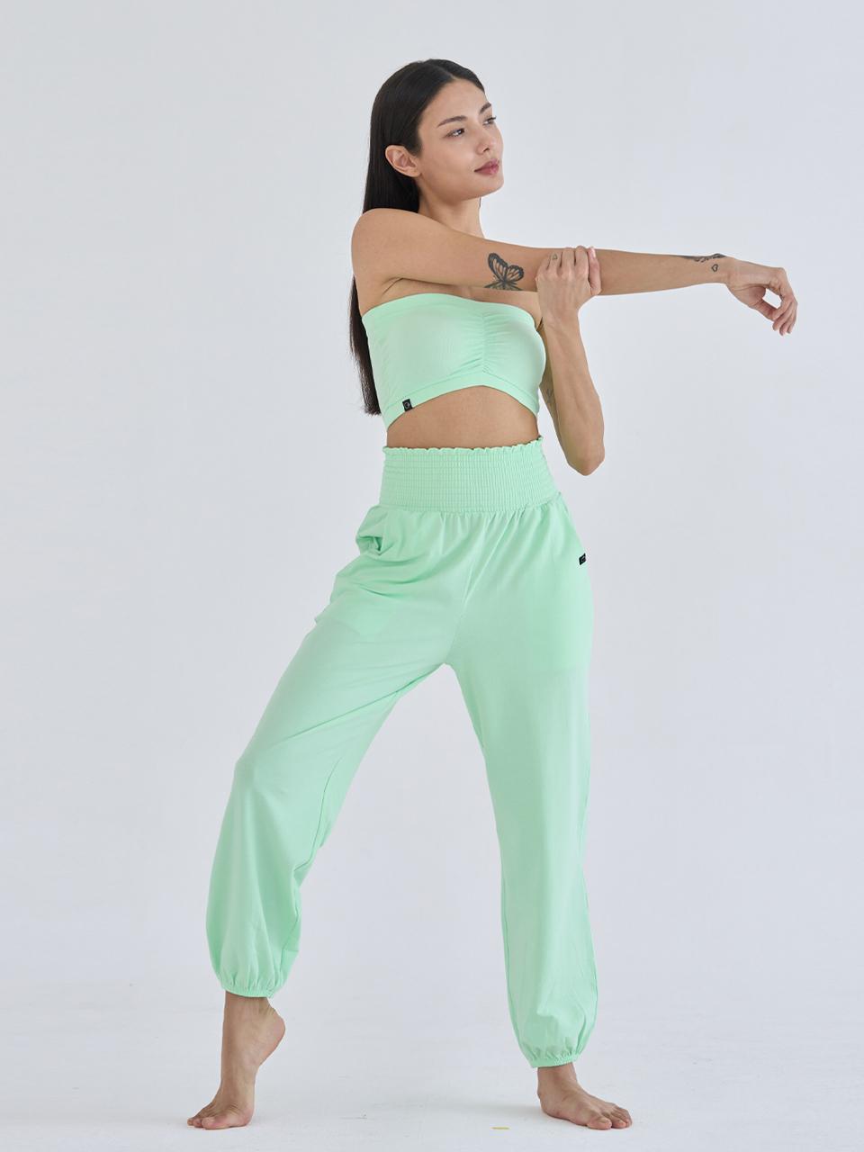 ozez Solid Smocking Cotton Blend Pants [GREEN] (OZPG6031)