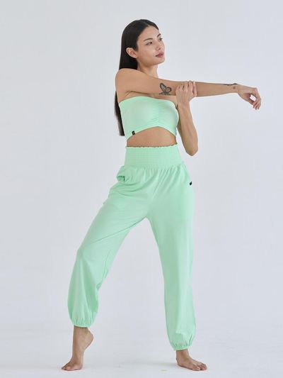 ozez Solid Smocking Cotton Blend Pants [GREEN] (OZPG6031)