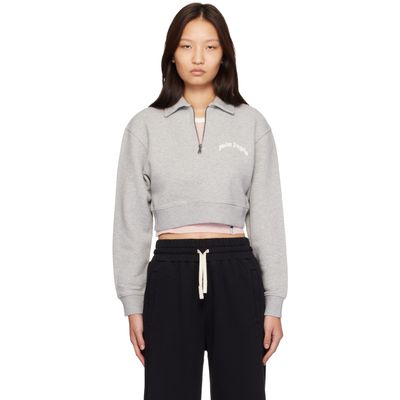 Palm Angels Palm Angels Gray Curved Logo Crop Crew Long Sleeve Polo