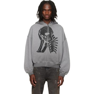 Palm Angels Palm Angels Gray Skull Zipped Loose Hoodie