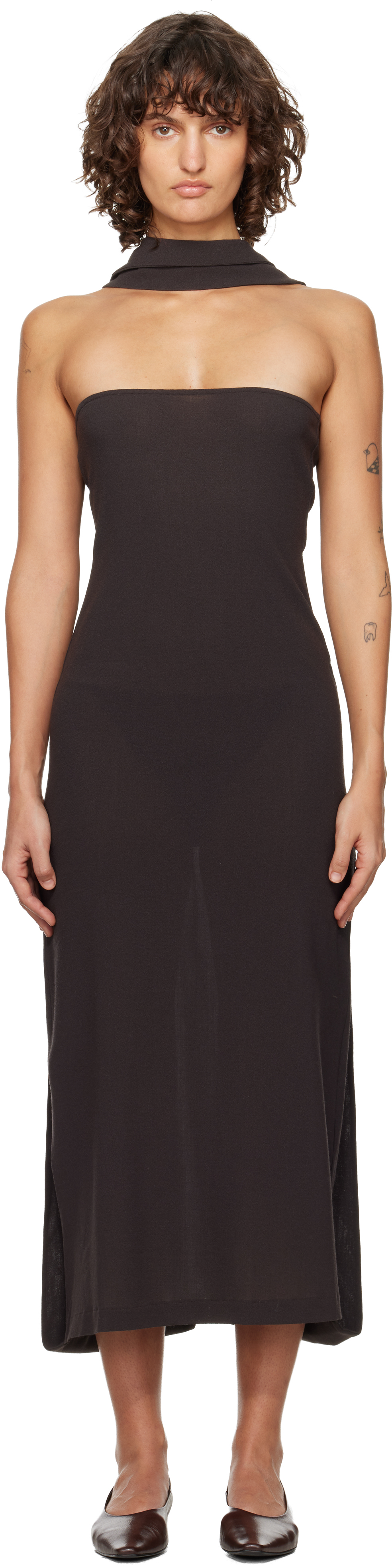 paloma wool dress brown MINI YAUSI-Fitted, mini dress with asymmetric shoulders and flared bottom