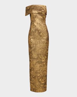 Pamella Roland Asymmetric Off-The-Shoulder Metallic Jacquard Gown