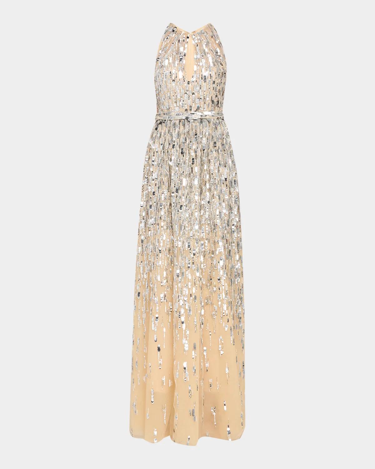 Pamella Roland Degrade Sequined Tulle Sleeveless Column Gown