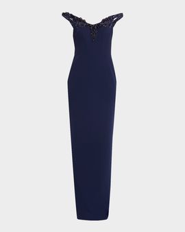 Pamella Roland Embroidered Sleeveless Crepe Column Gown