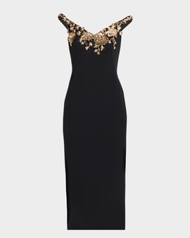 Pamella Roland Floral Embroidered Crepe Off-The-Shoulder Midi Dress