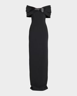 Pamella Roland Liquid Satin Off-The-Shoulder Crepe Gown