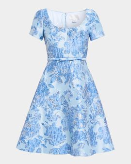 Pamella Roland Metallic Floral Jacquard Short-Sleeve A-Line Dress
