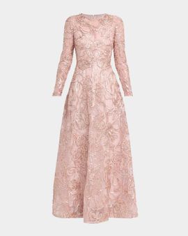 Pamella Roland Metallic Raffia Floral Embroidered Long-Sleeve Gown