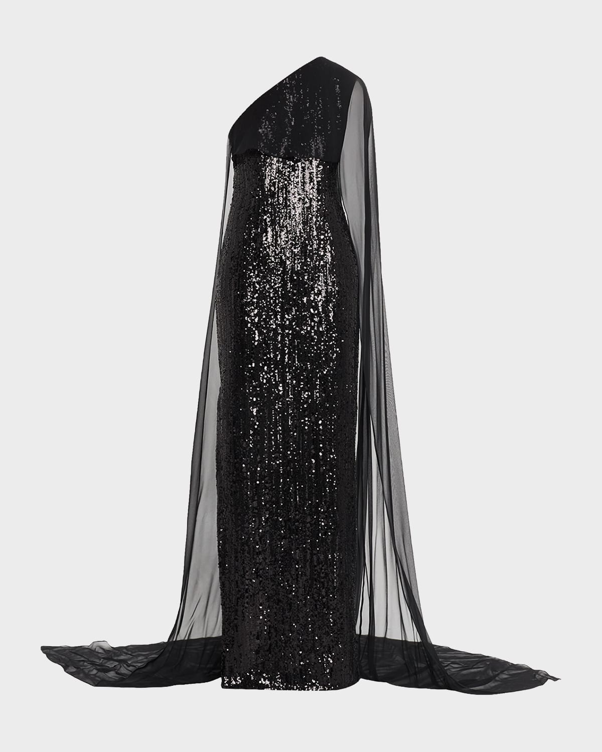 Pamella Roland Mixed Sized Sequin Column Gown with Cape